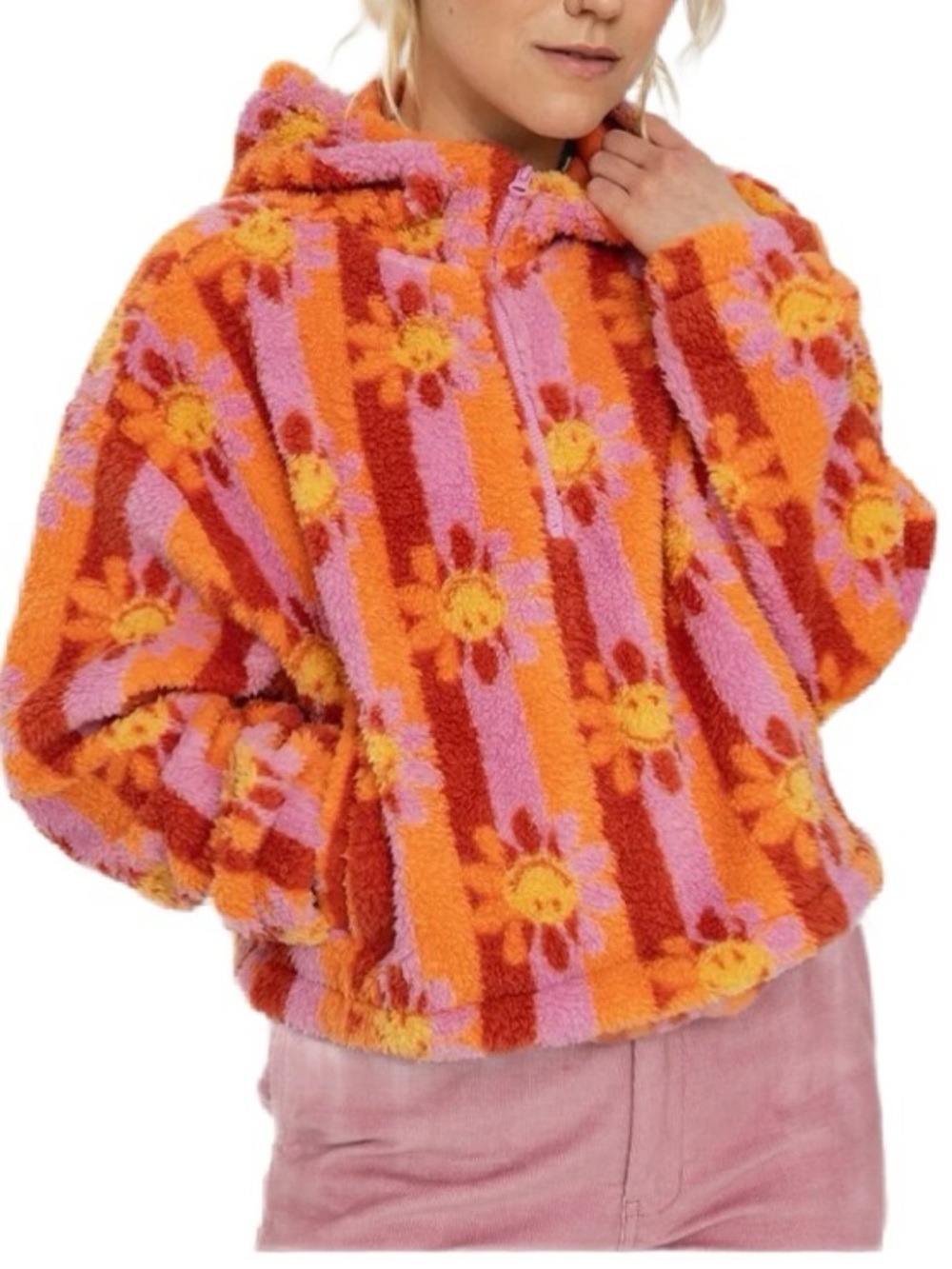 Billabong Smiley Sherpa Hoodie in Orange, Pink & Yellow Size S